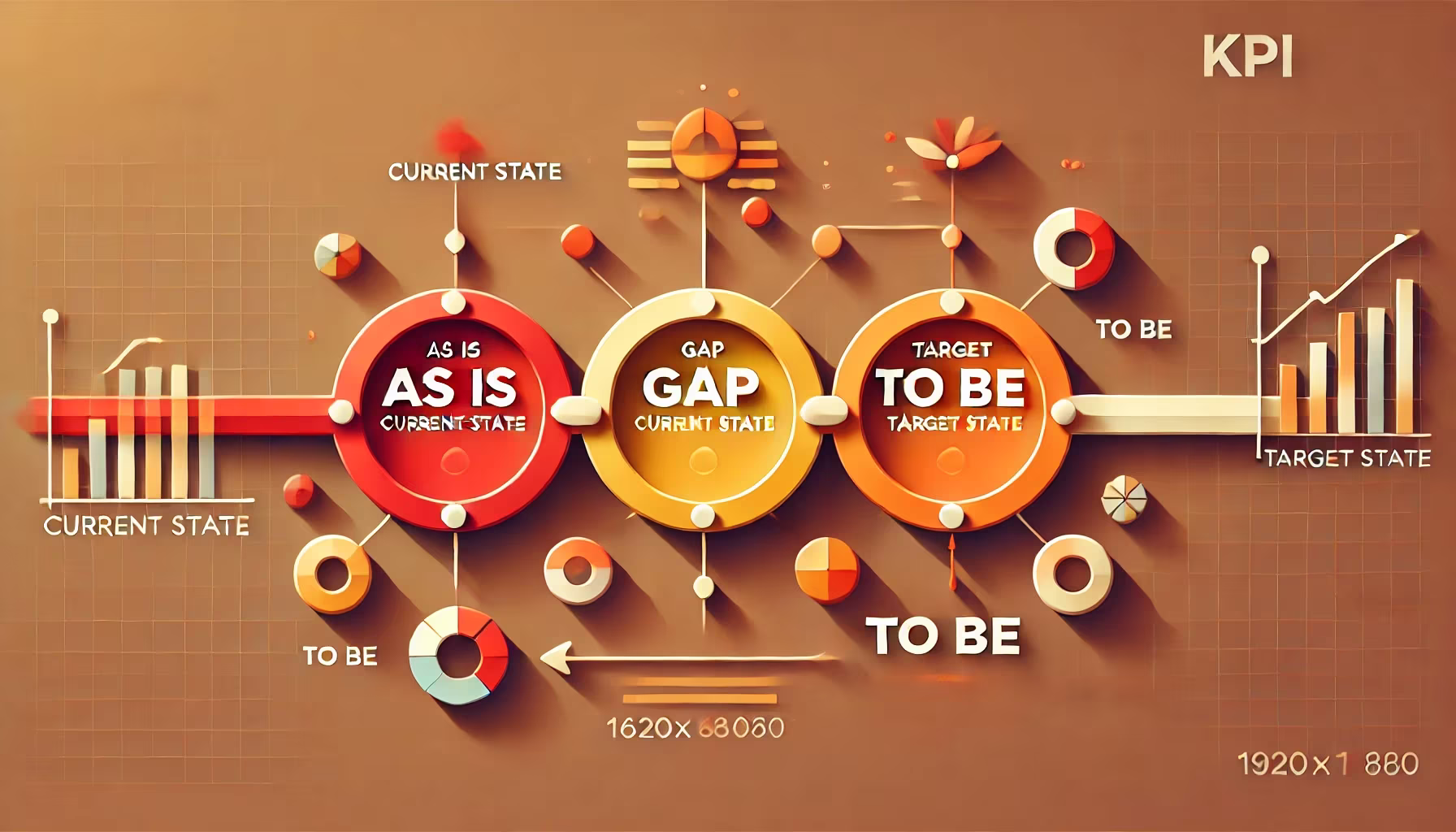 DALL·E 2025-02-12 11.37.31 - A simplified business diagram illustrating KPI tracking with a focus on _As is_ (current state), _Gap,_ and _To be_ (target state). The diagram featur.webp